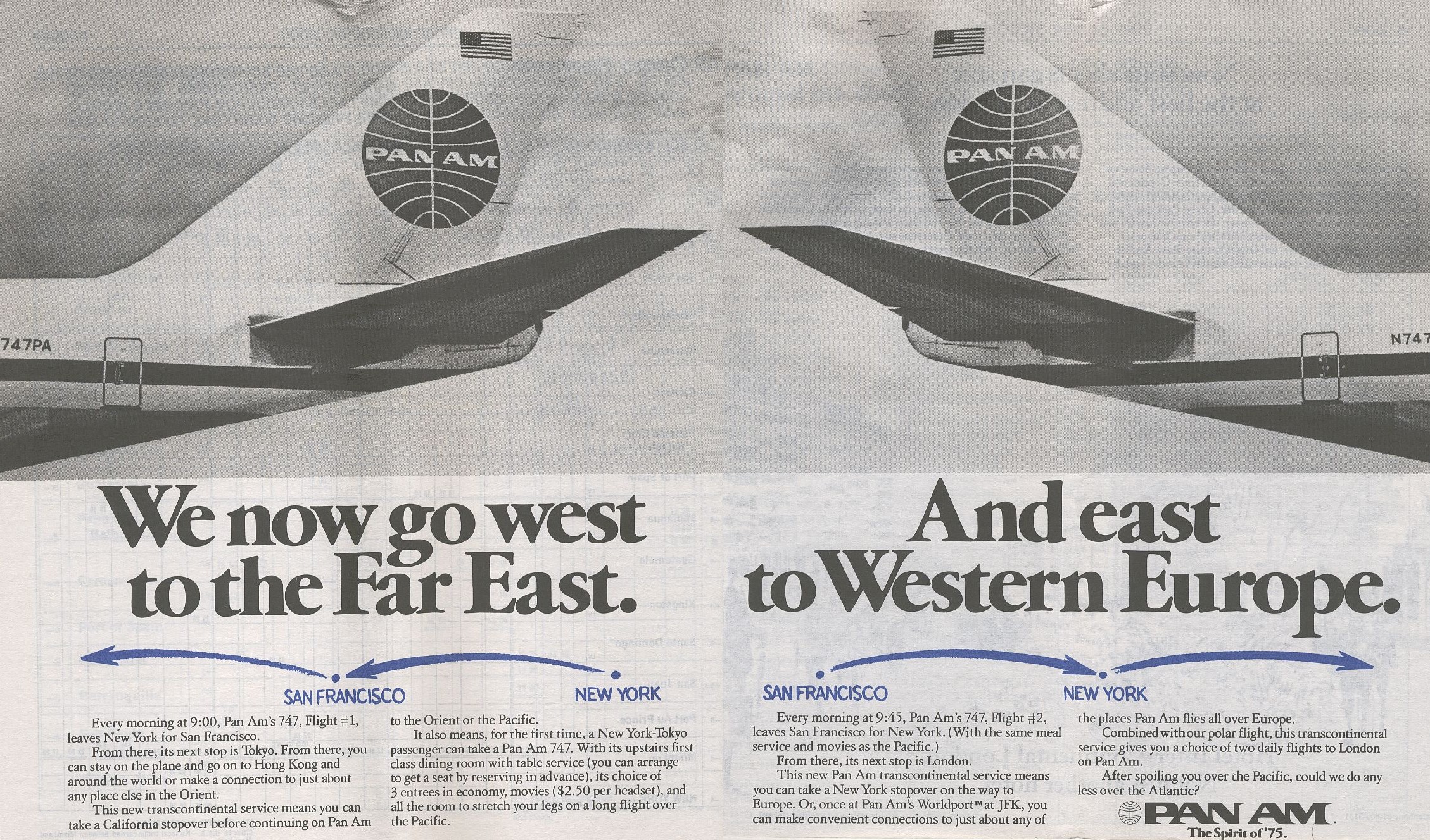 1975, June a Pan Am timetable ad promoting Round the World service.